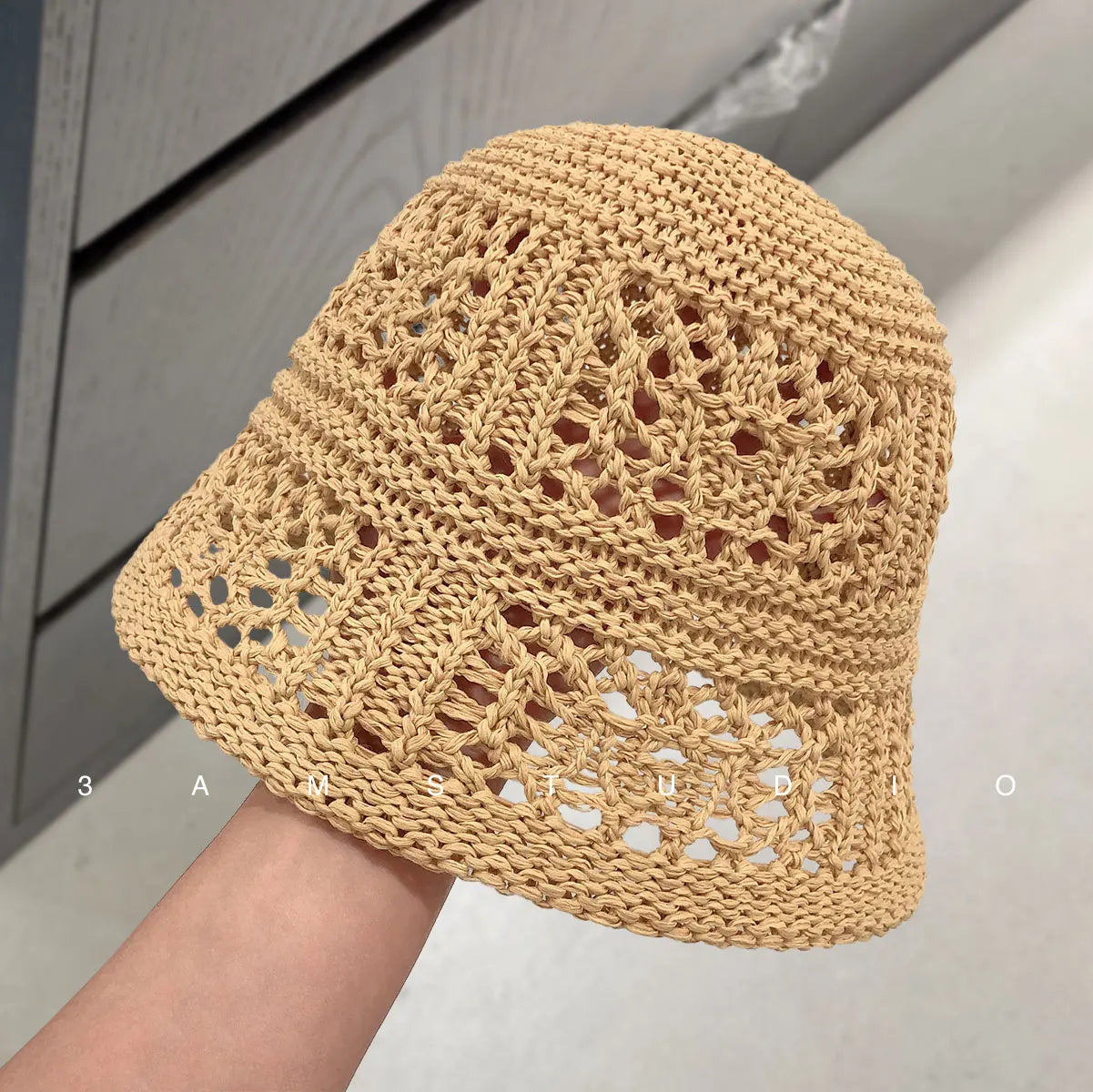 Niche Design Solid Color Hollow Knitted Bucket Hat