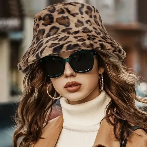 Leopard Print Fleece Bucket Hat Vintage Warm Style