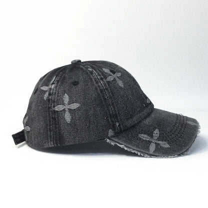 Cross Denim Jacquard Fringe Distressed Baseball Cap