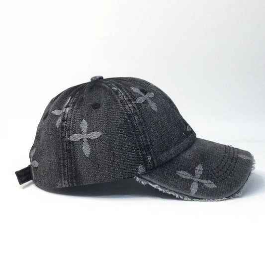 Cross Denim Jacquard Fringe Distressed Baseball Cap