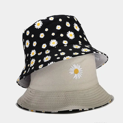 Korean Daisy Embroidered Double-Side Tropical Bucket Hat