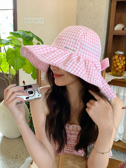 Japanese Plaid Knot Wide Brim Summer Bucket Hat