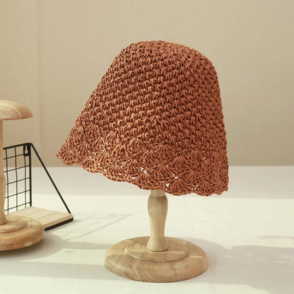 Women Retro Handmade Straw Travel Beach Bucket Hat