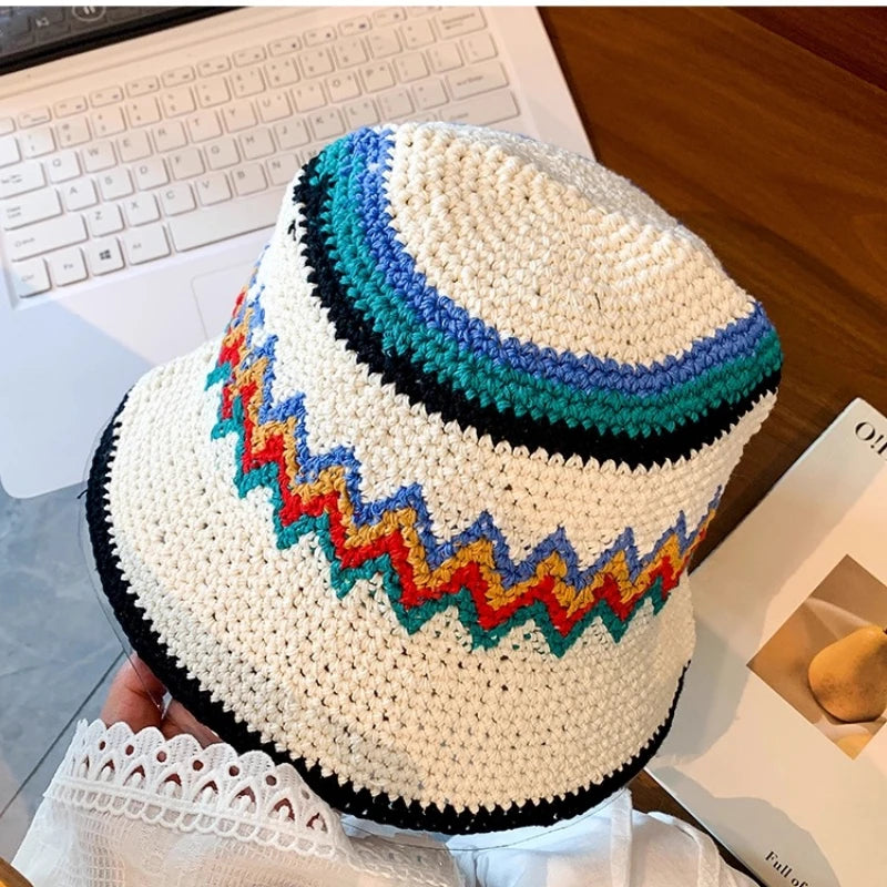 Korean Color Matching Handwoven Wide Brim Knitted Bucket Hat
