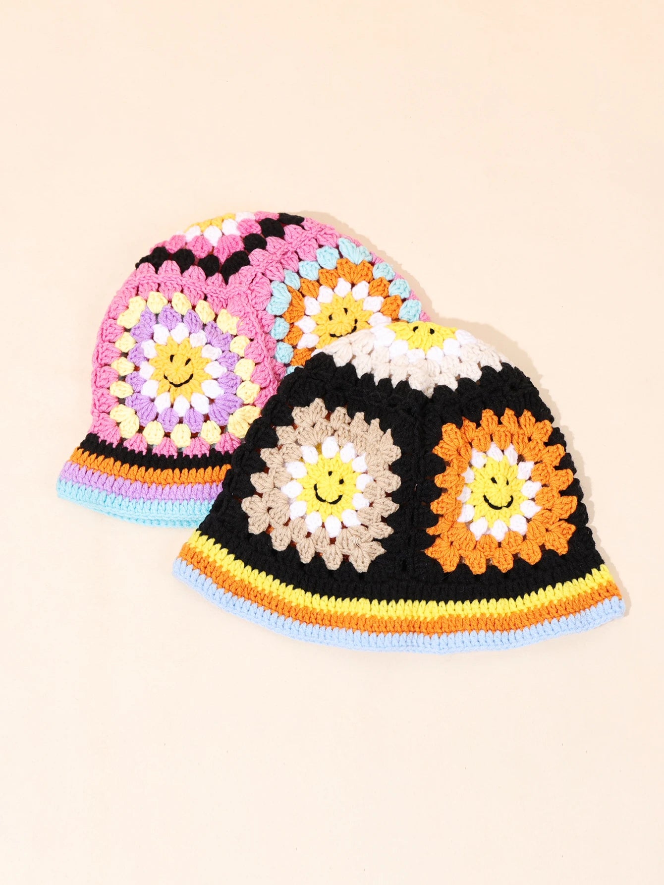 Vintage Smiley Face Patch Crochet Bucket Hat