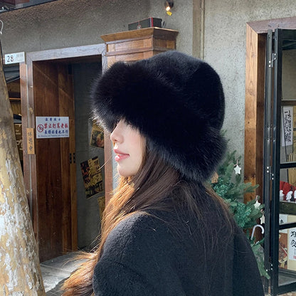 Designer Faux Fur Winter Bucket Hat Women Plush Fisherman Cap