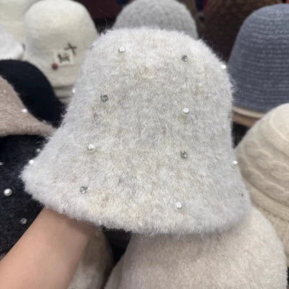 Pearl Rhinestone Plush Winter Bucket Hat for Women