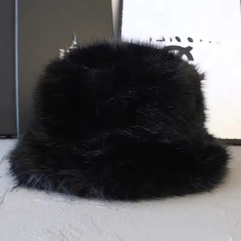 Fluffy Faux Fox Fur Winter Bucket Hat