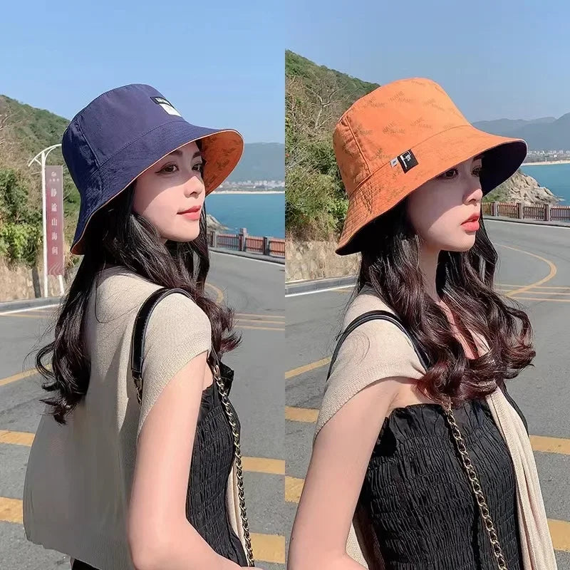 Reversible Korean Letter Print Summer Women Bucket Hat