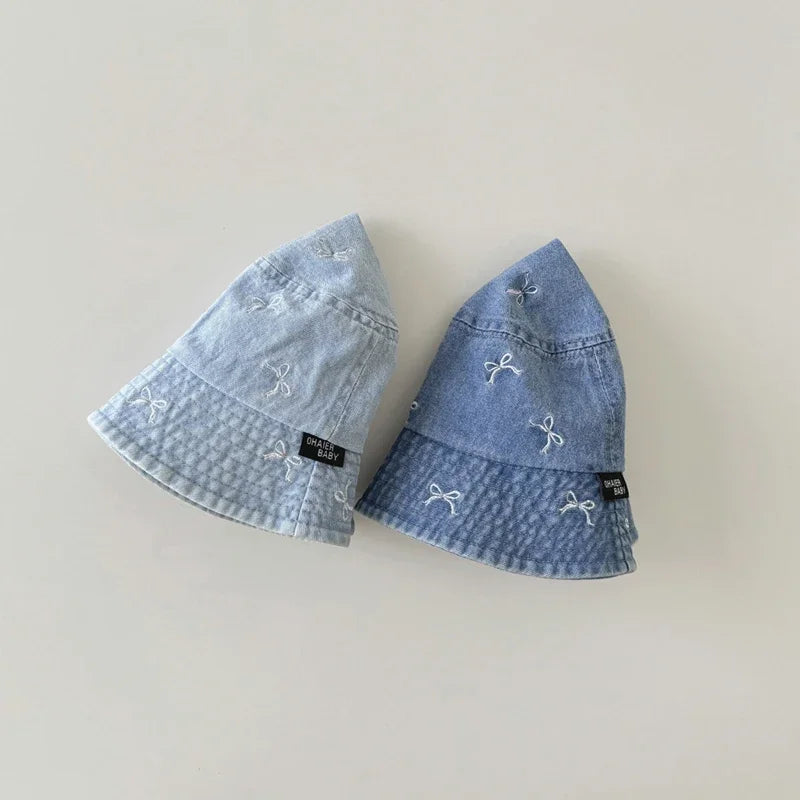 Baby Bow Pattern Denim Kids Bucket Hat