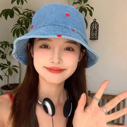 Korean Embroidered Heart Washed Denim Bucket Hat