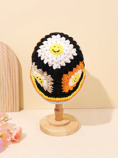 Vintage Smiley Face Patch Crochet Bucket Hat