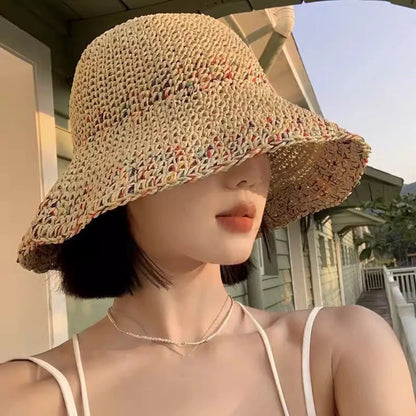 Rainbow Straw Wide Brim Beach Bucket Hat