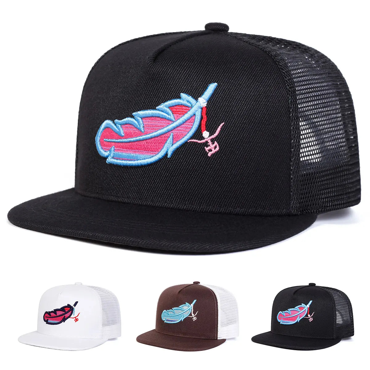 Unisex Colorful Feather Embroidery Hip-hop Net Hats