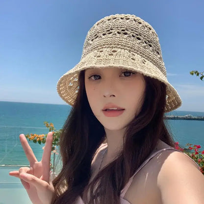 Womens Summer Hollow Breathable Foldable Beach Bucket Hat