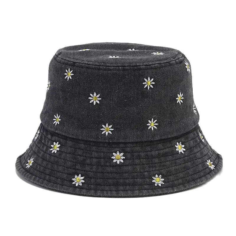 Denim Flower Embroidered Unisex Bucket Hat