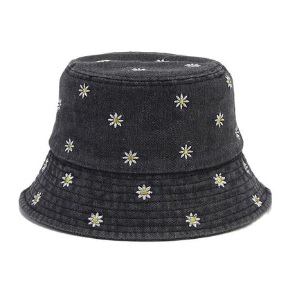 Denim Flower Embroidered Unisex Bucket Hat