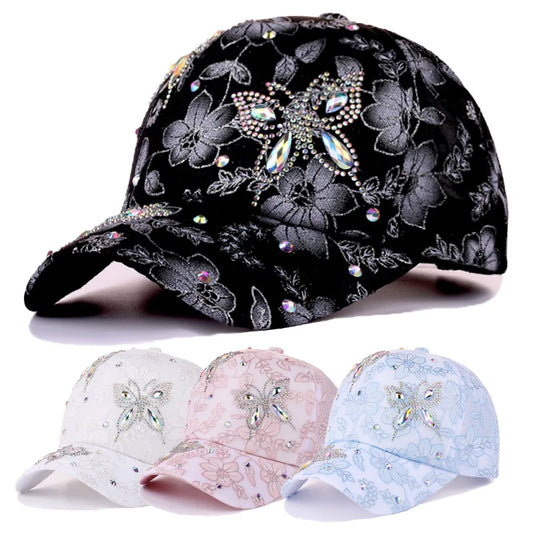 Women Flower Butterfly Rhinestone Lace Baseball Cap