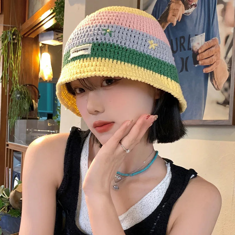 Sweet Cute Striped Flower Large Brim Bucket Hat