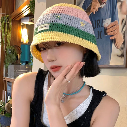 Sweet Cute Striped Flower Large Brim Bucket Hat