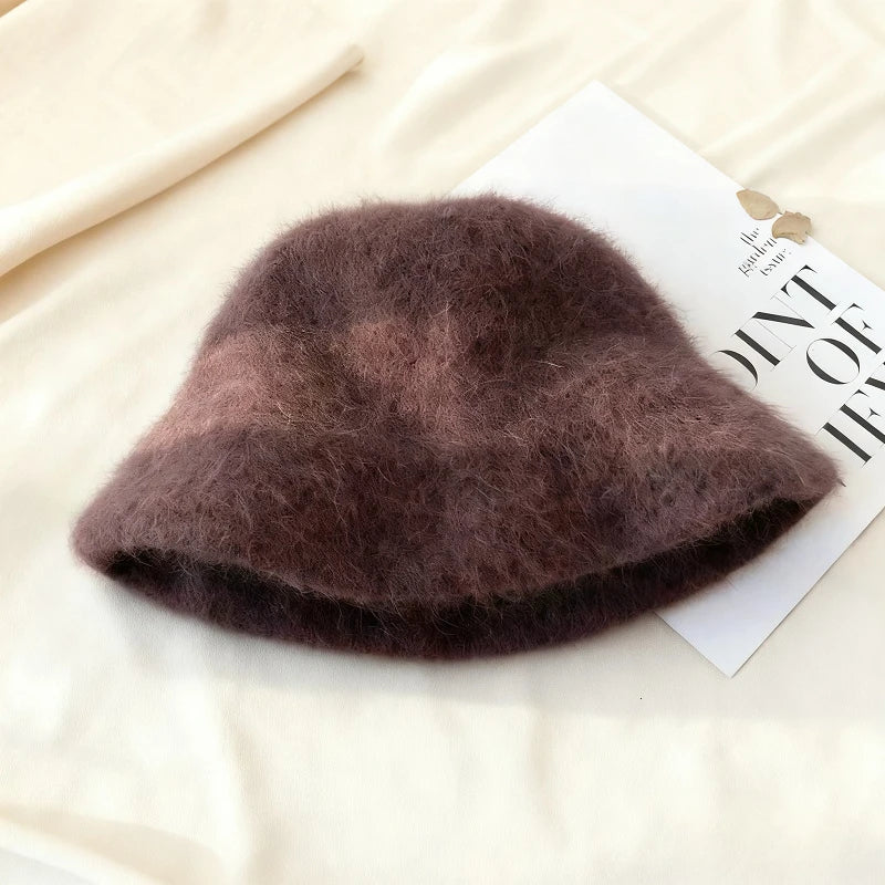 Korean Angora Rabbit Fur Winter Bucket Hat