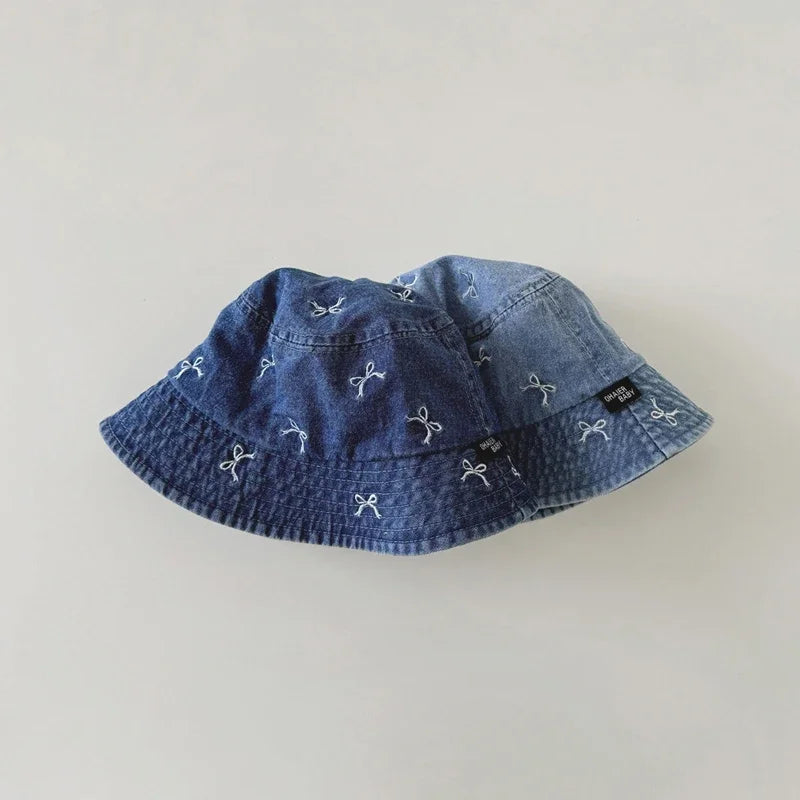 Baby Bow Pattern Denim Kids Bucket Hat