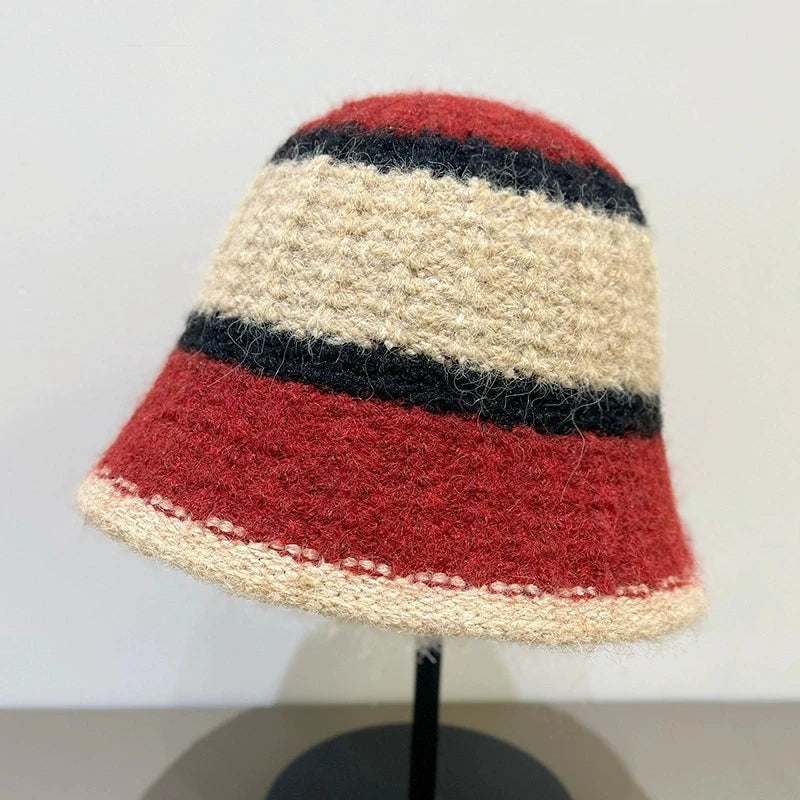 Wide-Striped Knitted Winter Bucket Hat