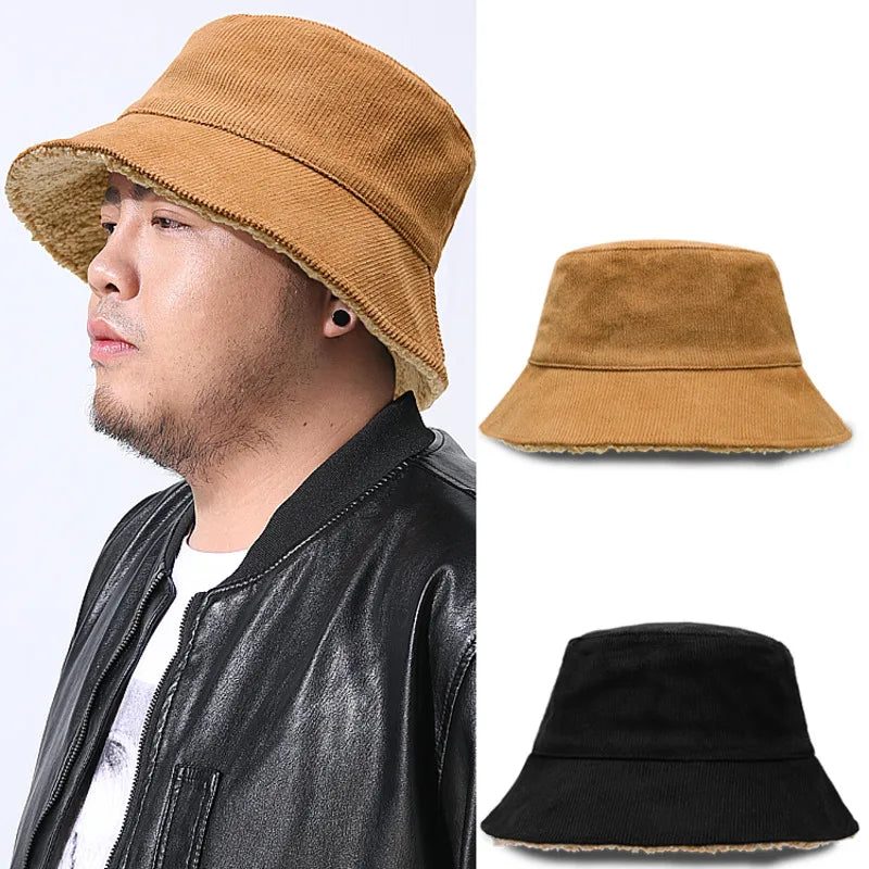 Double-Sided Corduroy Fur Winter Bucket Hat Unisex Warm Fisherman Cap