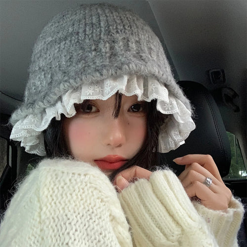 Women's Knitted Lace Trim Bucket Hat