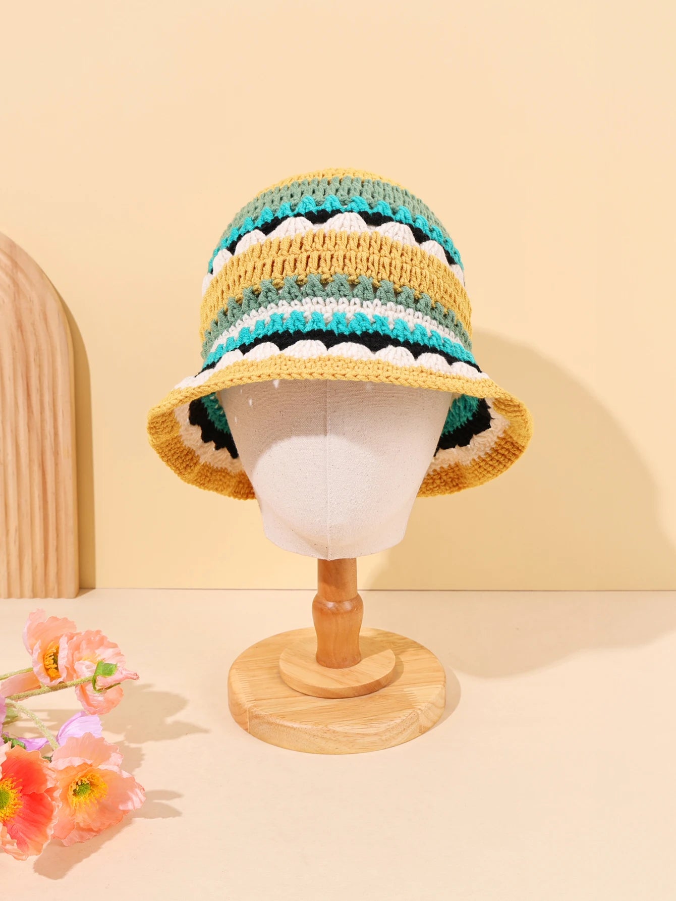 Color Block Woven Flower Bucket Hat