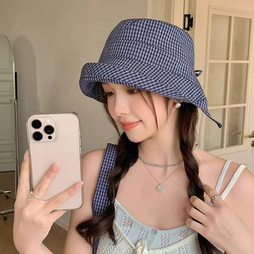 Korean Plaid Foldable Big Brim Summer Bucket Hat