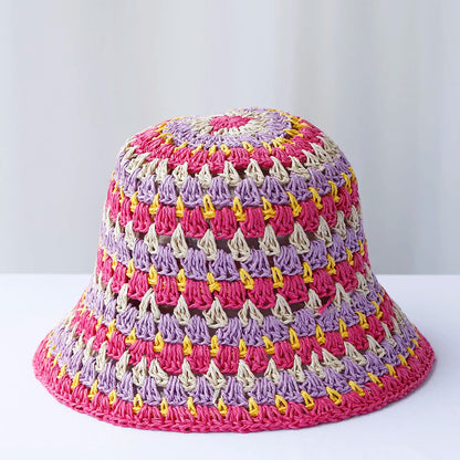 Womens Striped Rainbow Crochet Sun Bucket Hat