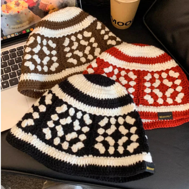 Korean Color Blocking Hand Crocheted Warm Bucket Hat