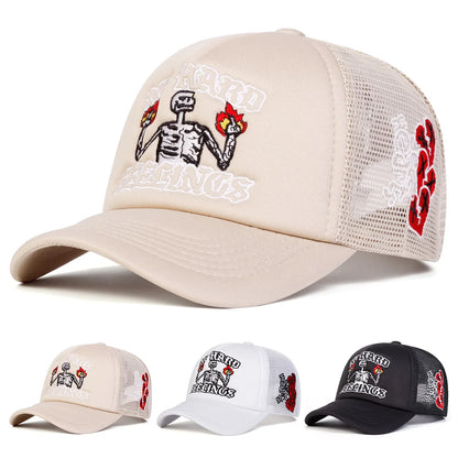 Unisex Skull Flame Embroidery Baseball Net Caps