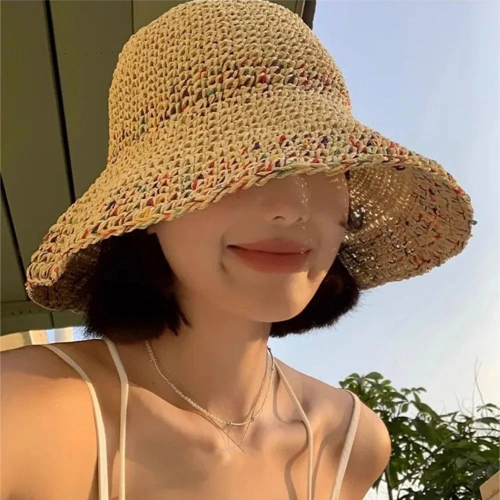 Rainbow Straw Wide Brim Beach Bucket Hat