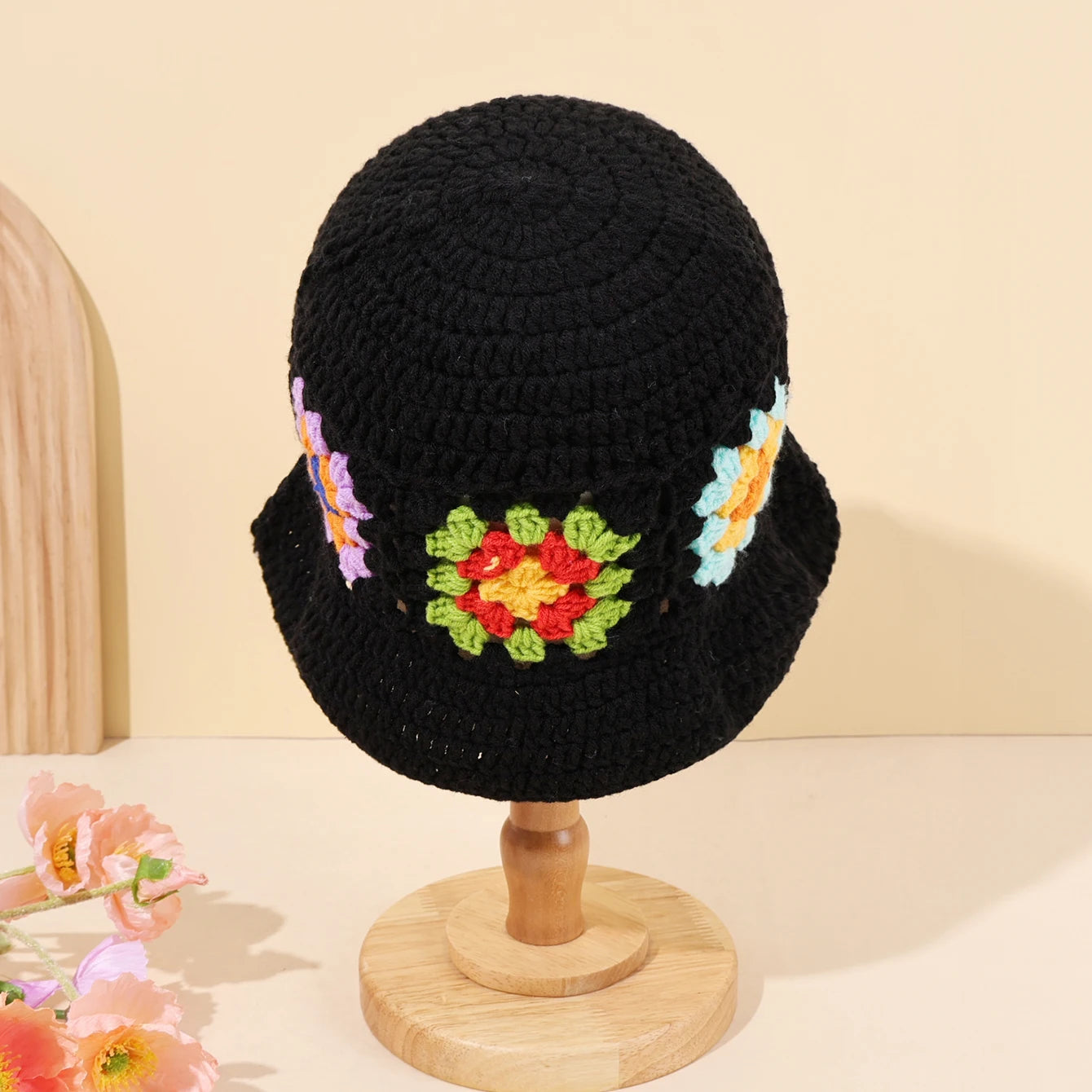 Colorful Floral Patchwork Black Crochet Bucket Hat