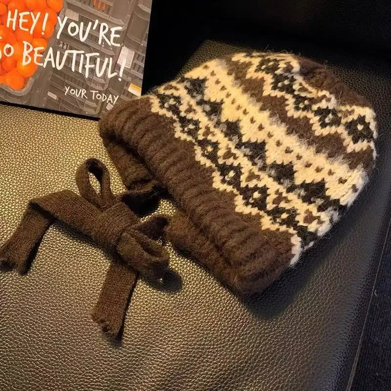 Fair Isle Lace Up Earflap Knit Bucket Hat