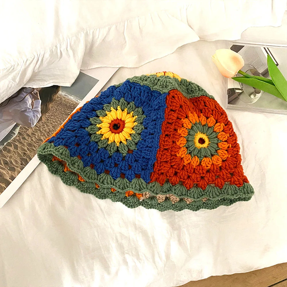 Korean Patchwork Handwoven Knitted Crochet Women Bucket Hat