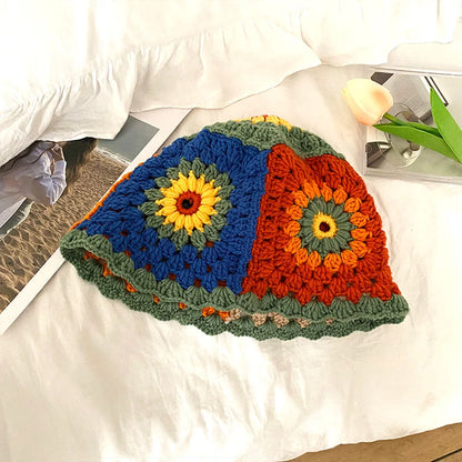 Korean Patchwork Handwoven Knitted Crochet Women Bucket Hat