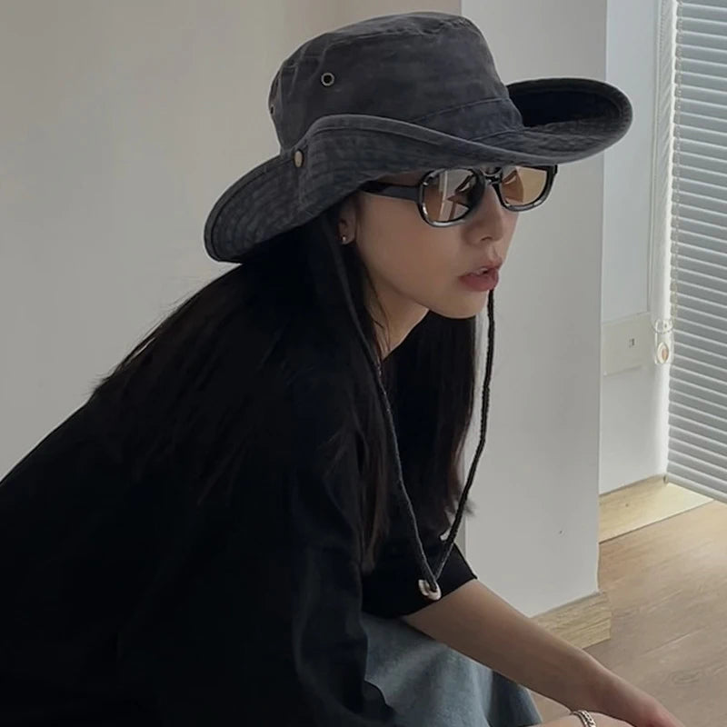 Washed Distressed Large Brim Bucket Hat