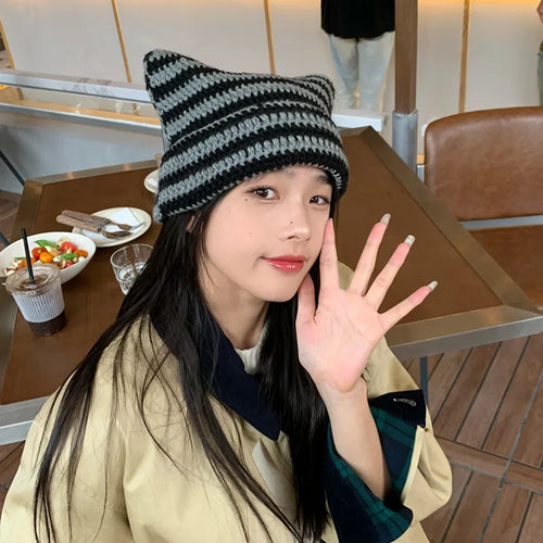 Striped Knit Cat Ears Bucket Hat