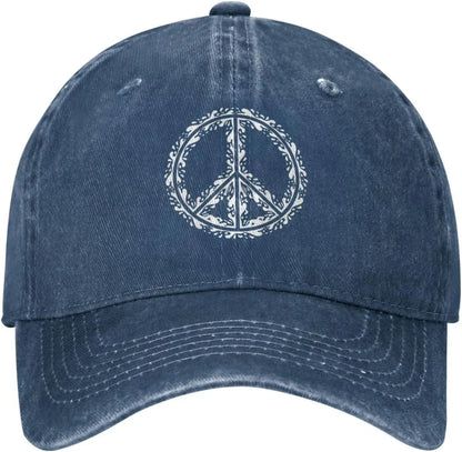 Peace Symbol Distressed Denim Vintage Baseball Cap