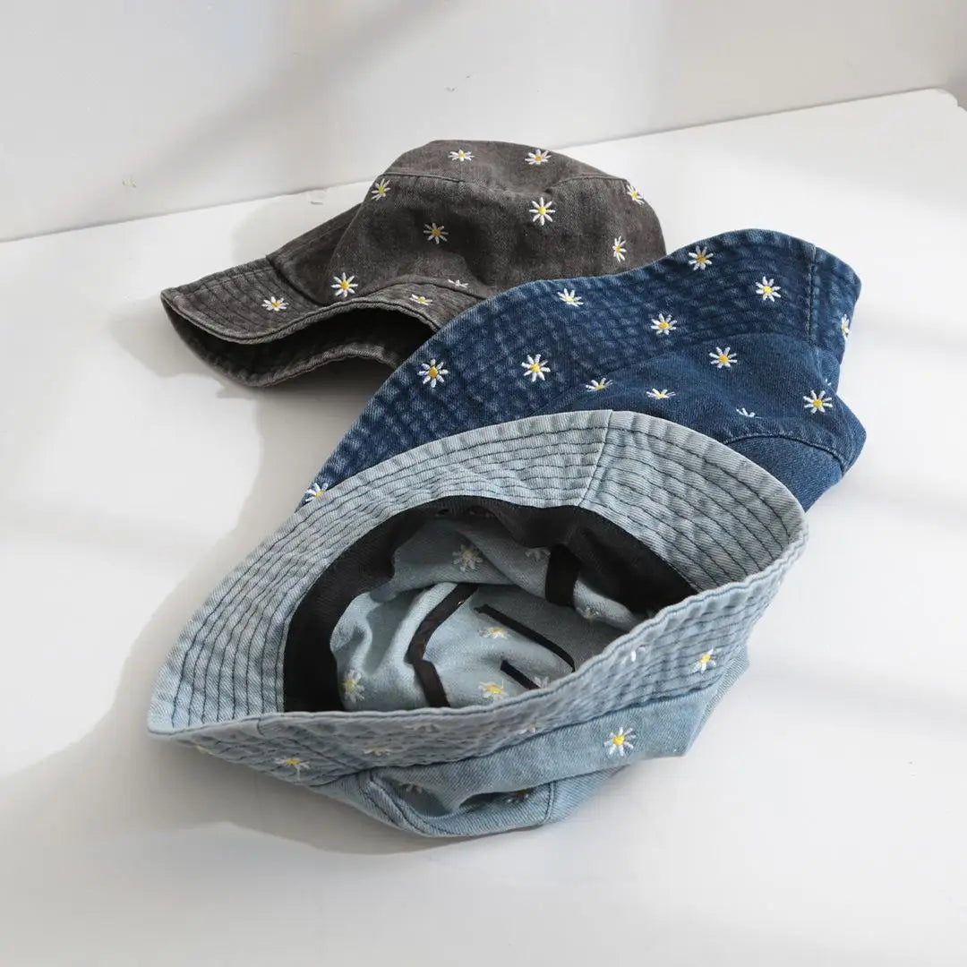 Unisex Daisy Embroidered Denim Bucket Hat