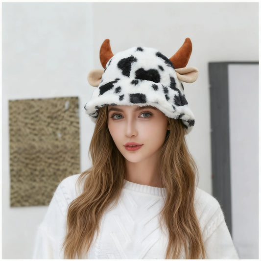 Cow Print Horn Fleece Bucket Hat