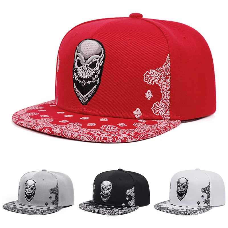 Paisley Skeleton Embroidery Hip Hop Flat Snapback Cap