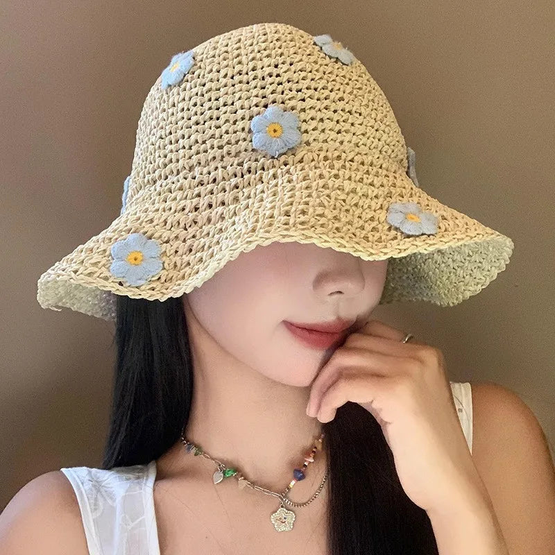 Woven Flower Straw Summer Bucket Hat