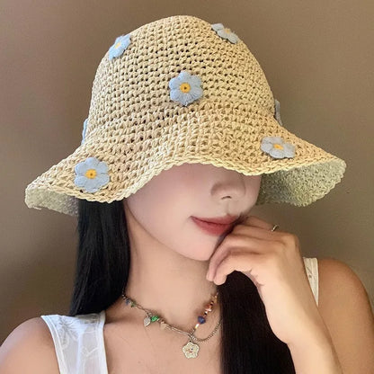 Woven Flower Straw Summer Bucket Hat