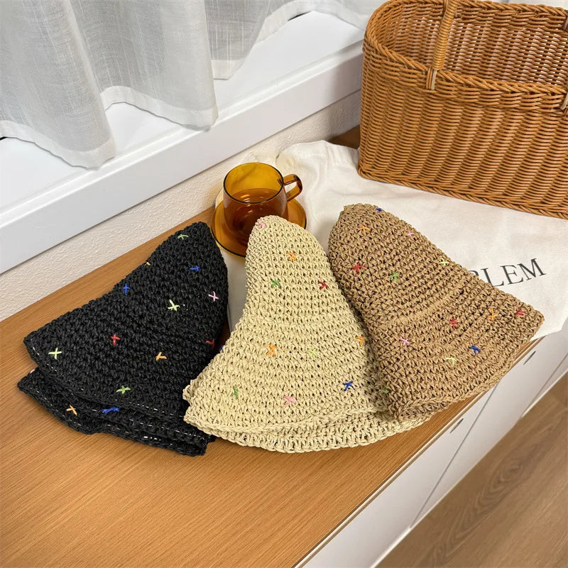 Hand Crocheted Colorful Straw Summer Bucket Hat
