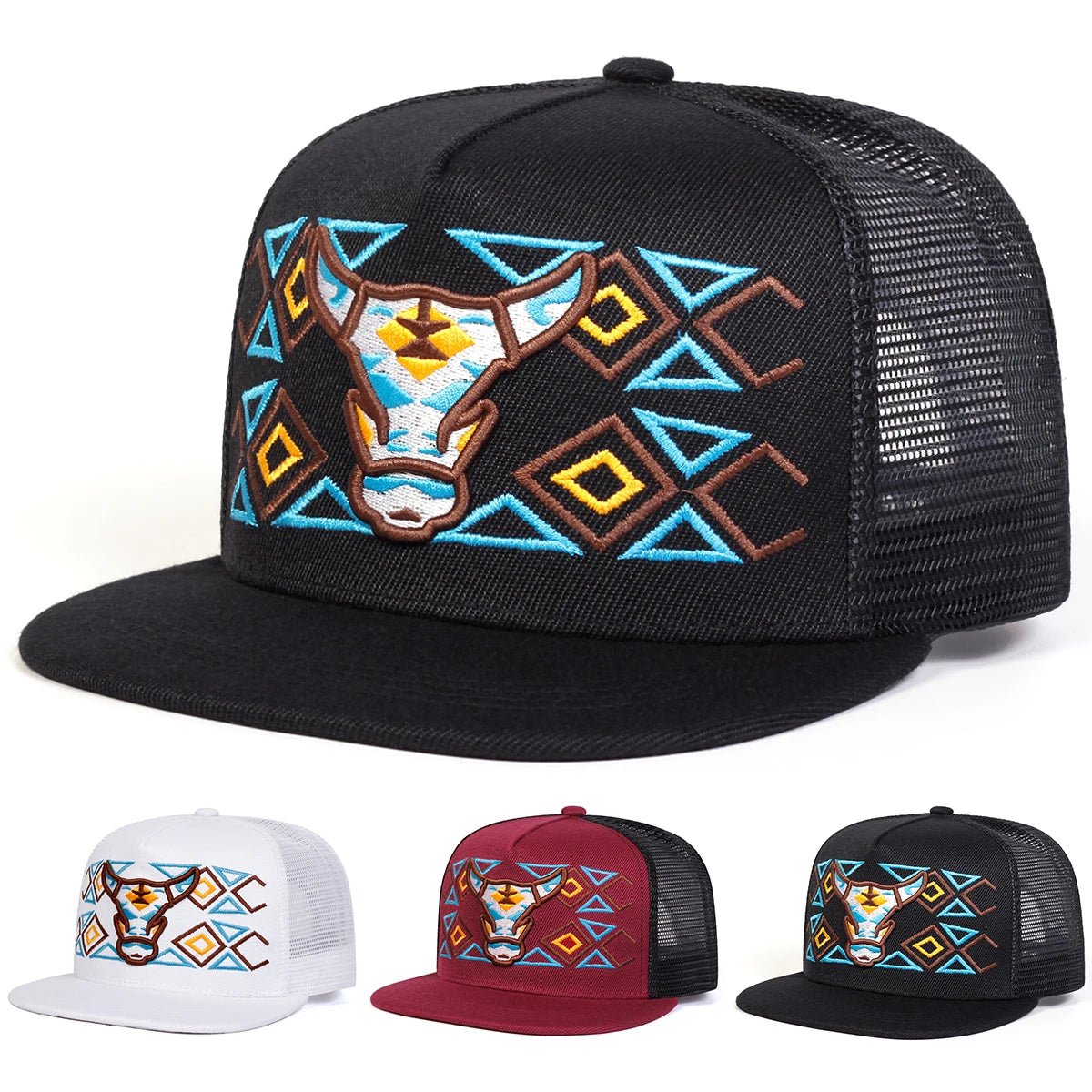 Unisex Ox Head Embroidery Hip-hop Net Hats