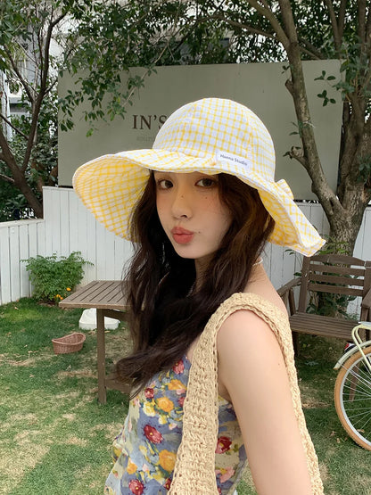 Japanese Plaid Knot Wide Brim Summer Bucket Hat
